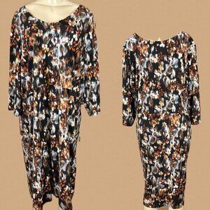 Roaman's 24W Brown-Gray Floral Layered V-Neckline 3/4 Sleeve Below Knee Dress